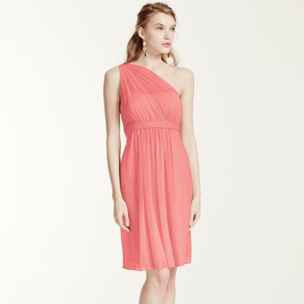 David's Bridal One Shoulder Bridesmaid Dress (F15607) - Coral Reef, Size 0